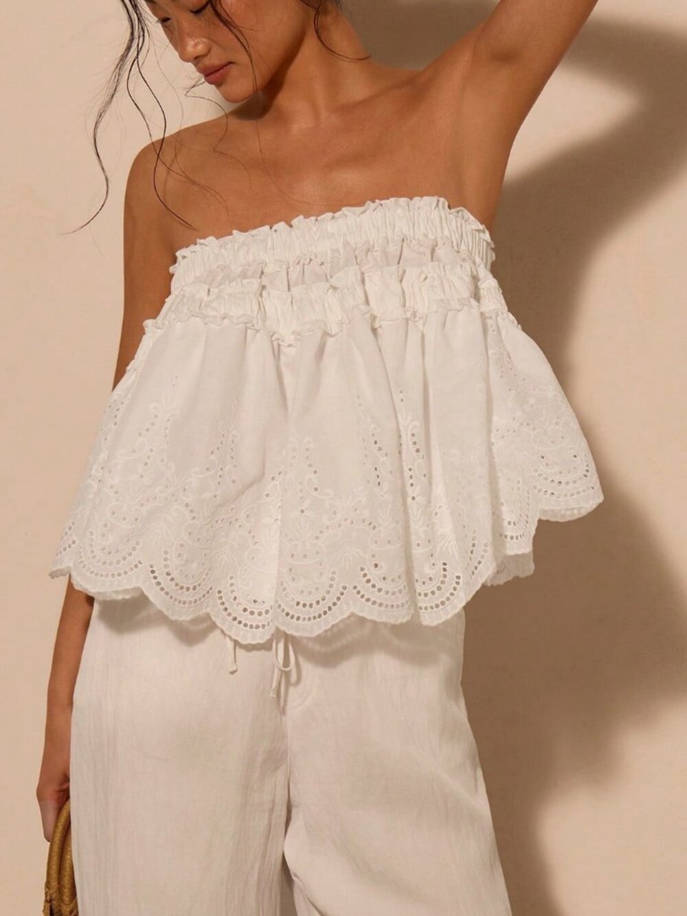 White Boho Women's Ruffle Embroidered Tube Top –
